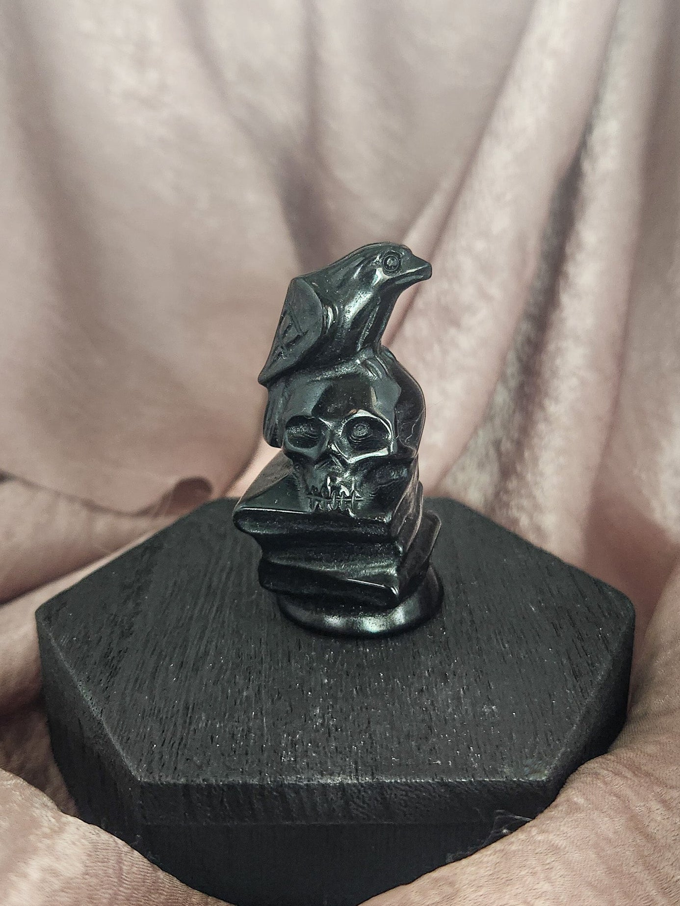 Black Obsidian Crow Skull on Books