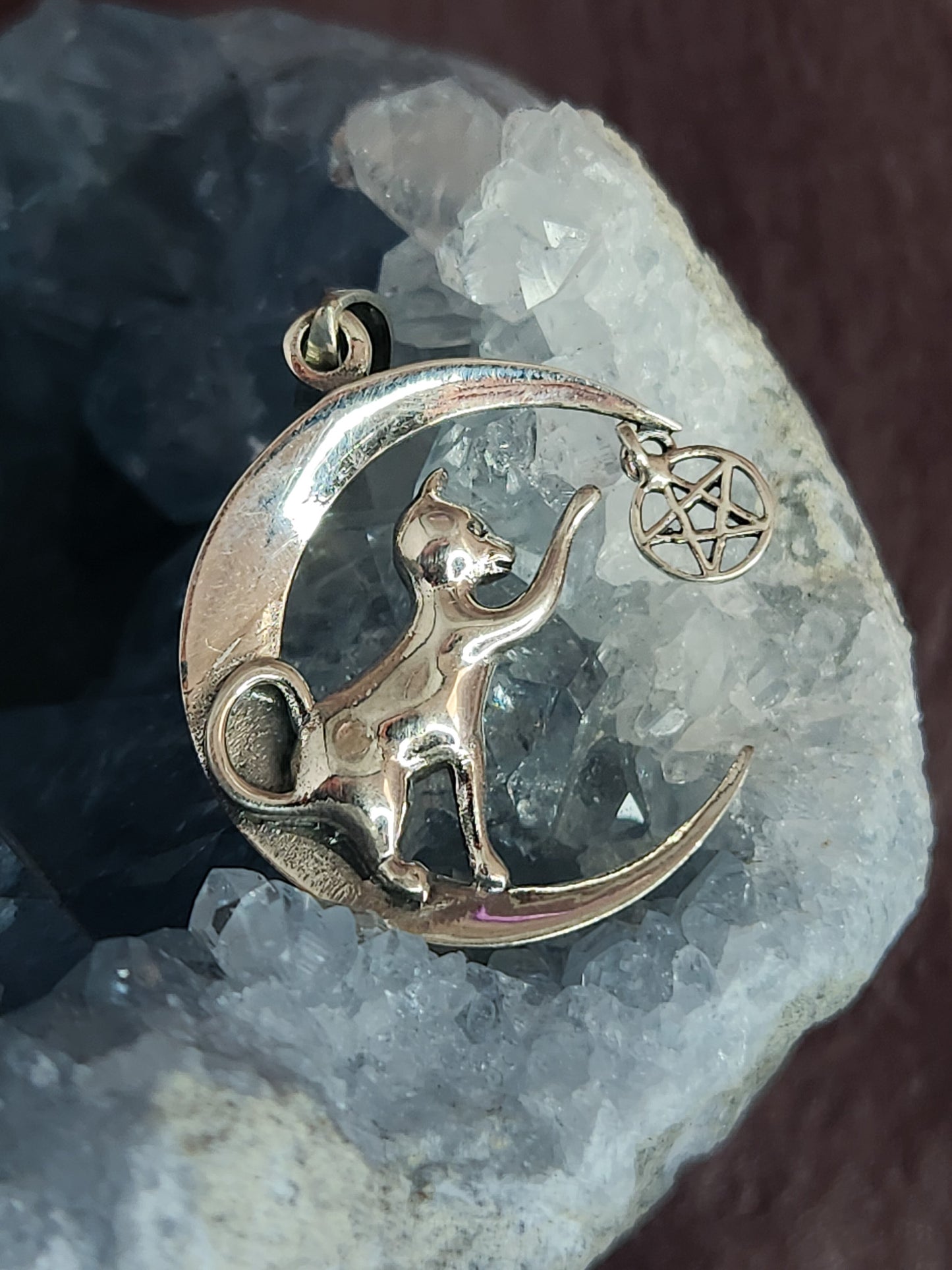Cat on Moon With Pentagram Dangle Pendant