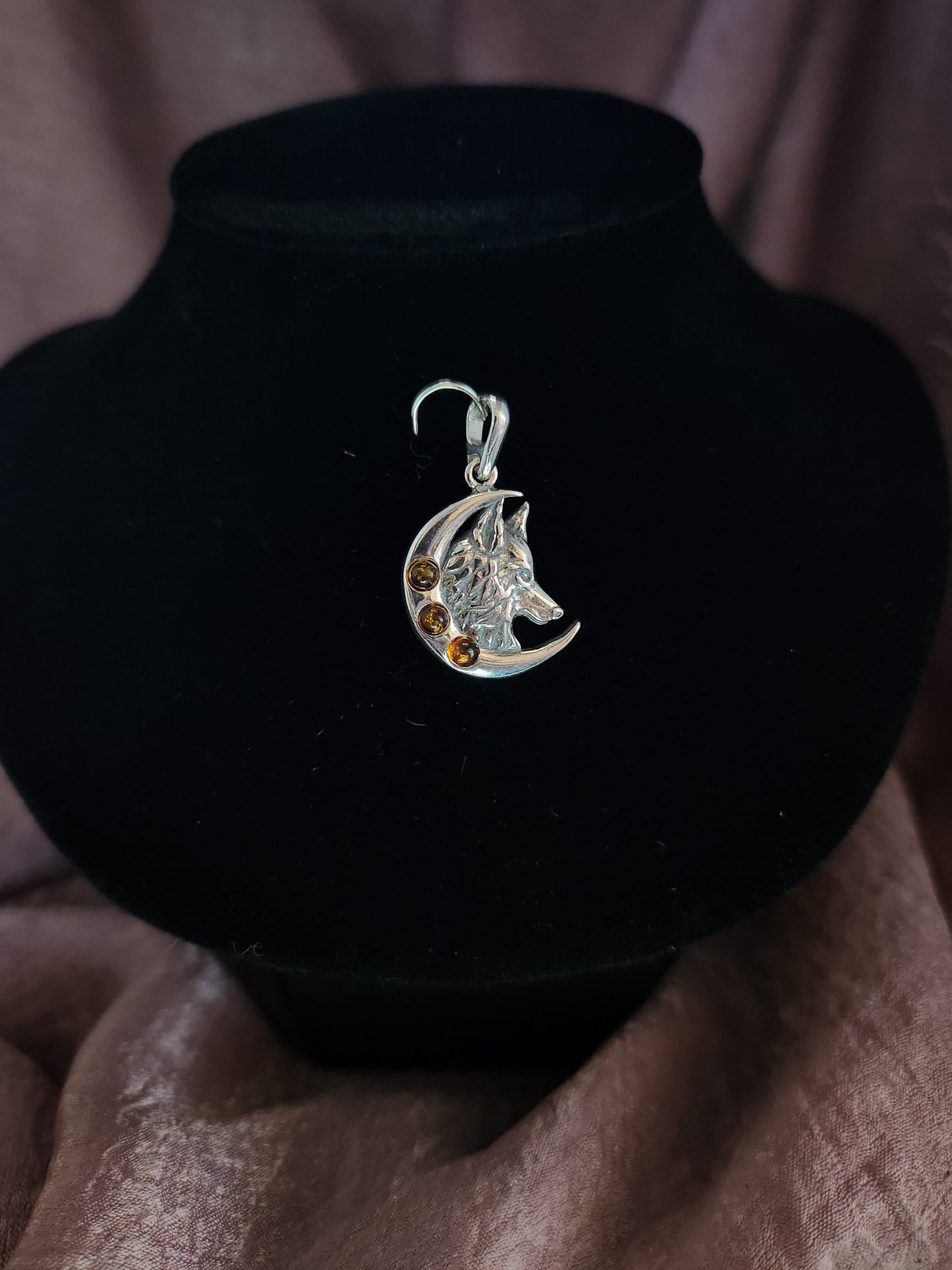 Cognac Amber Moon and Wolf Pendant