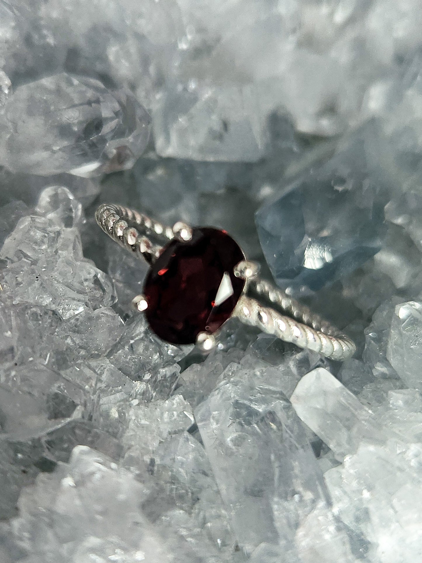Faceted Garnet Twist Band Sterling Silver Ring