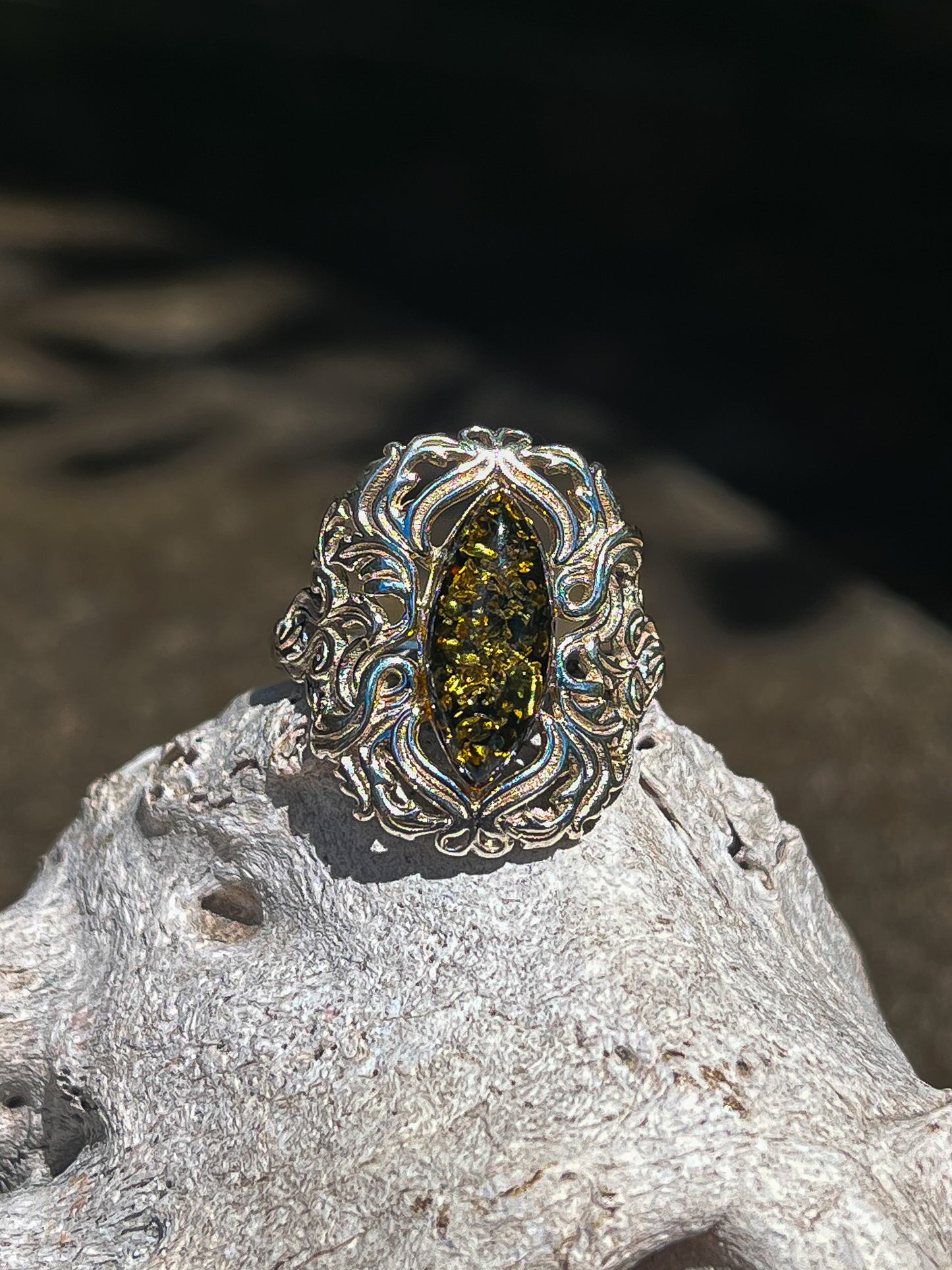 Green Amber Art Nouveau Ring