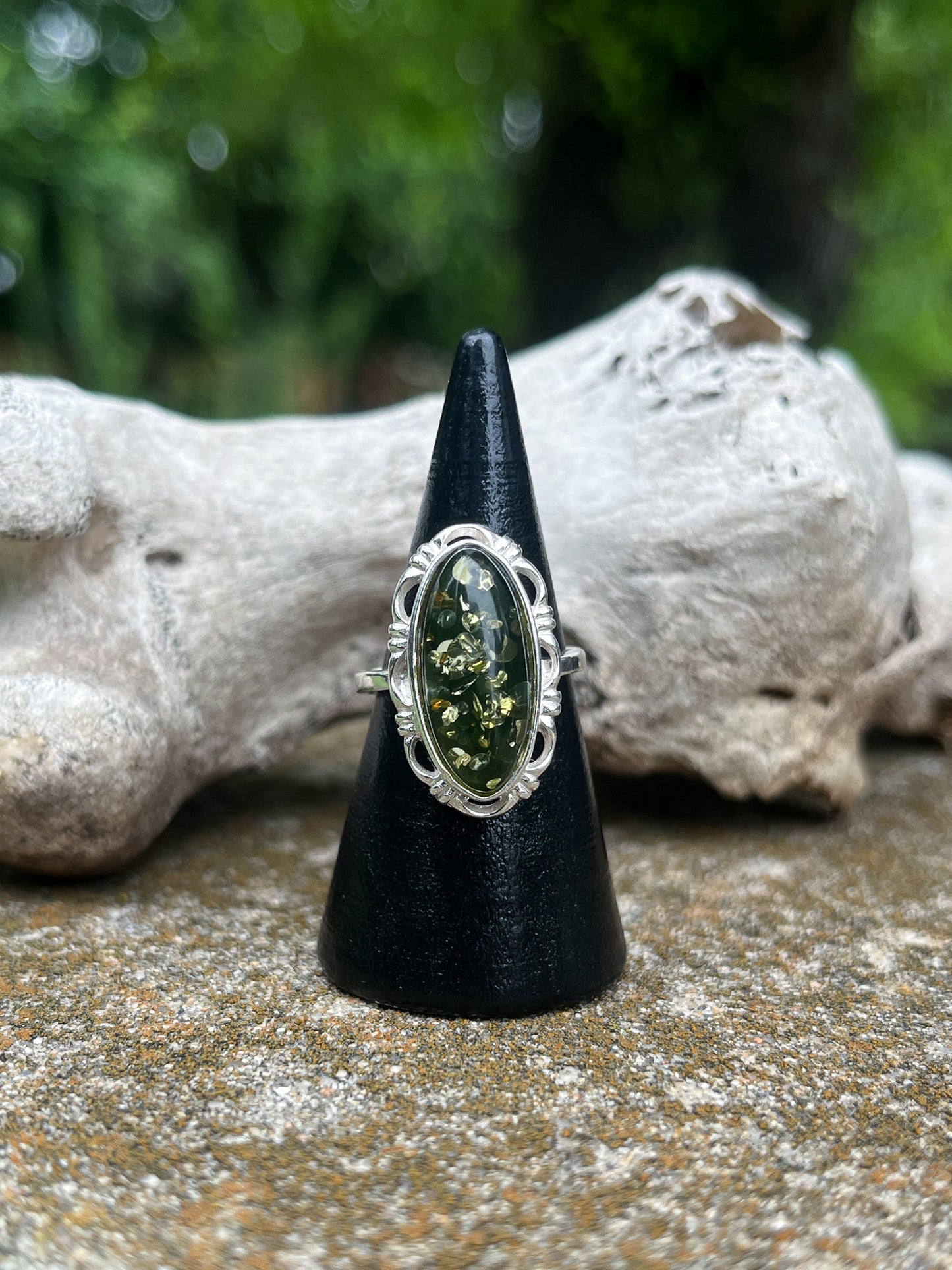 Green Amber Elongated Oval Ring