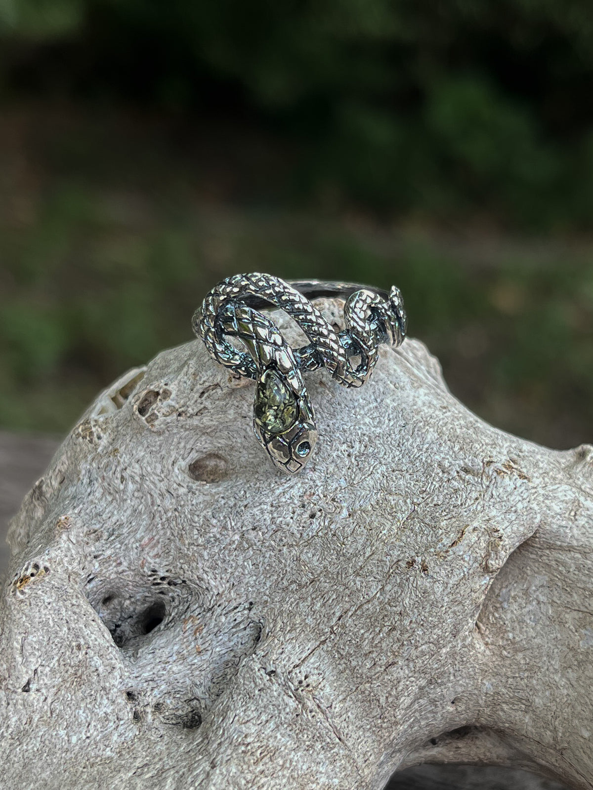 Green Amber Snake Ring (Oxidized Sterling Silver)