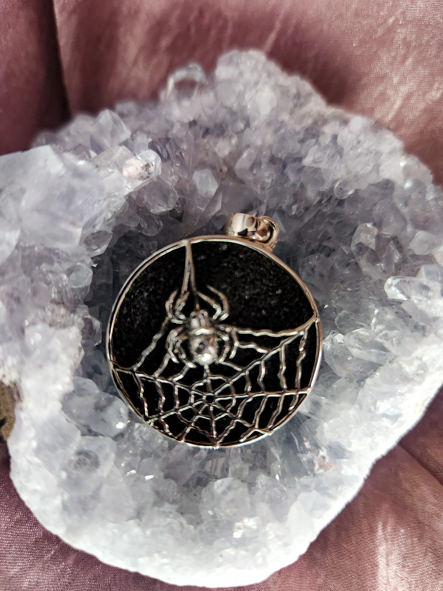 Large Sterling Silver Black Lava Spider Pendant