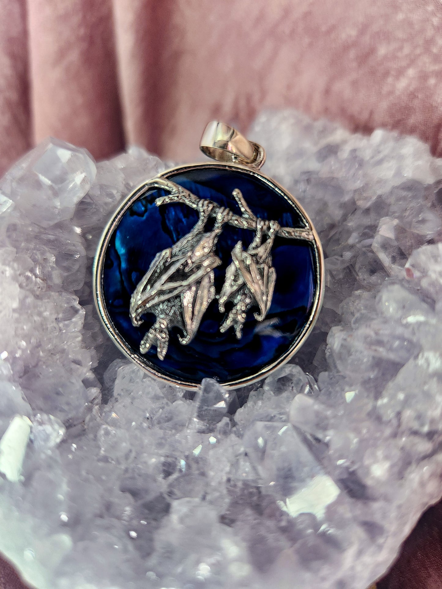 Large Sterling Silver Round Bat Pendant