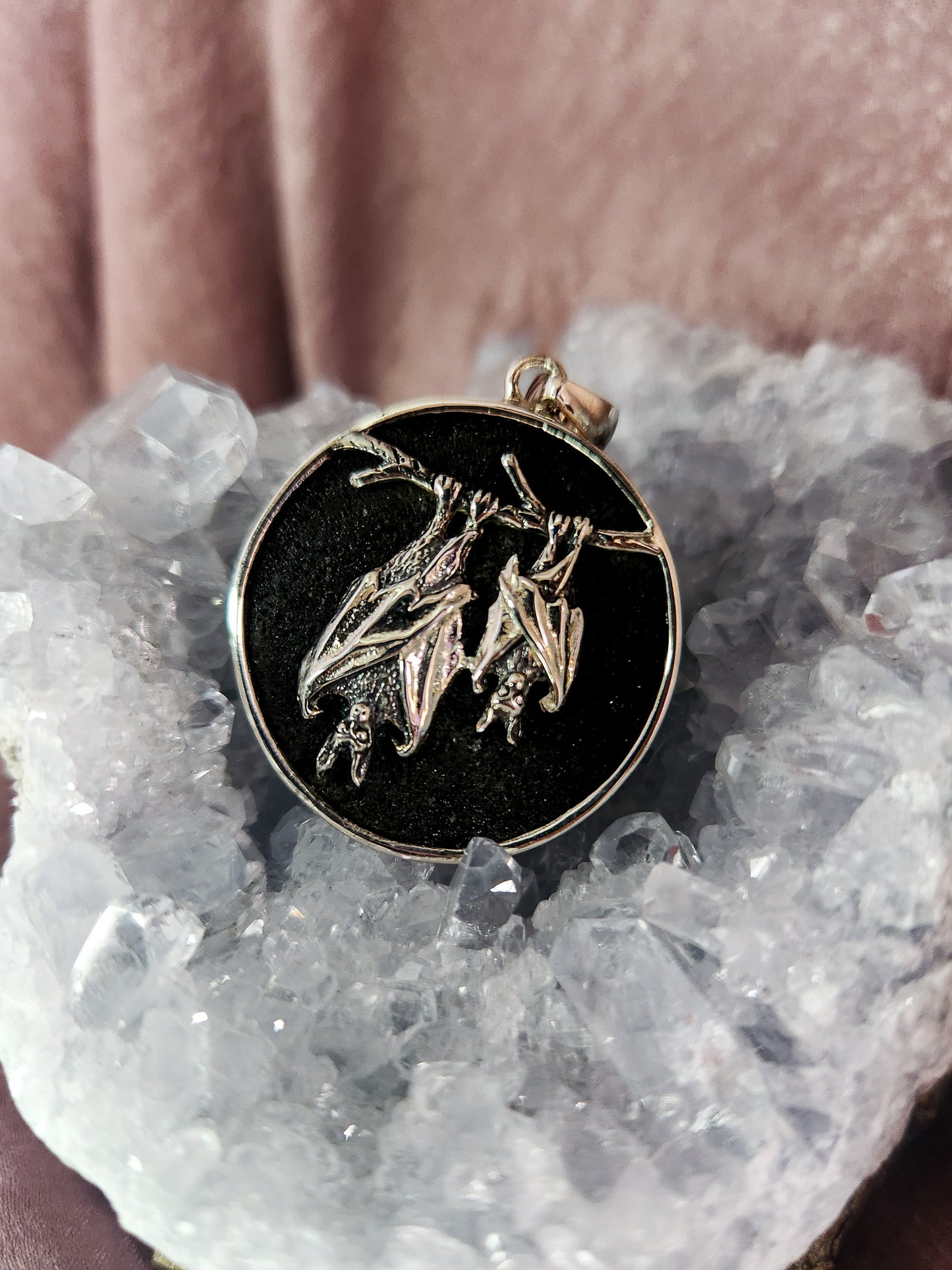 Large Sterling Silver Round Bat Pendant