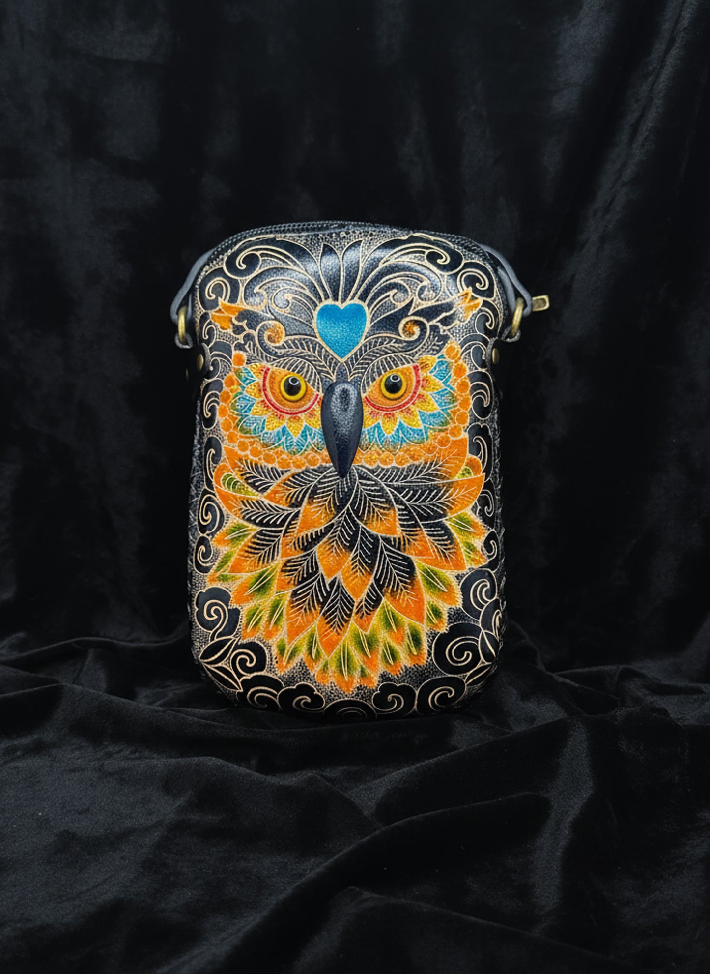 Leather Black Owl Crossbody Purse