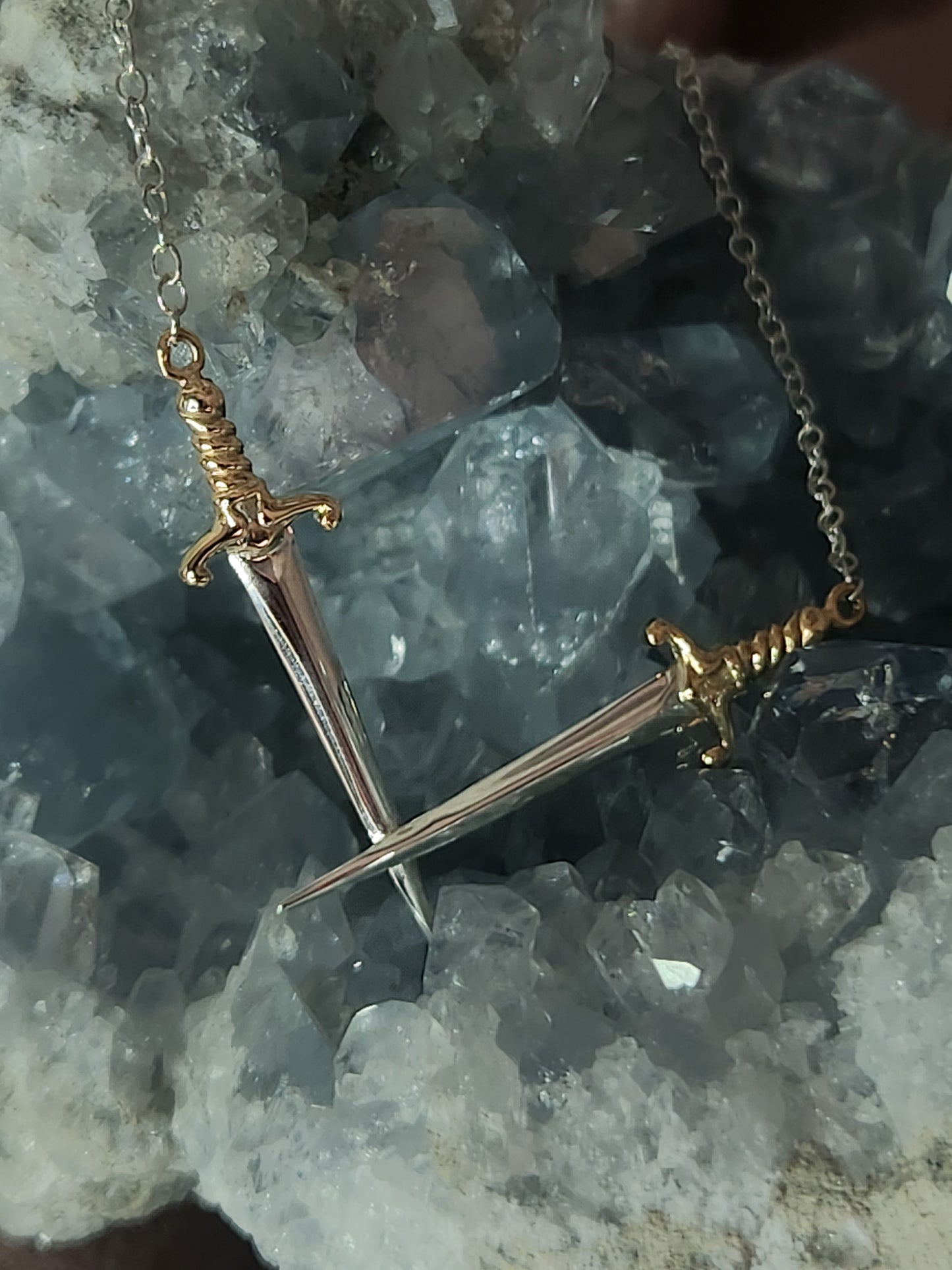 Mixed Metal Crossed Swords Necklace