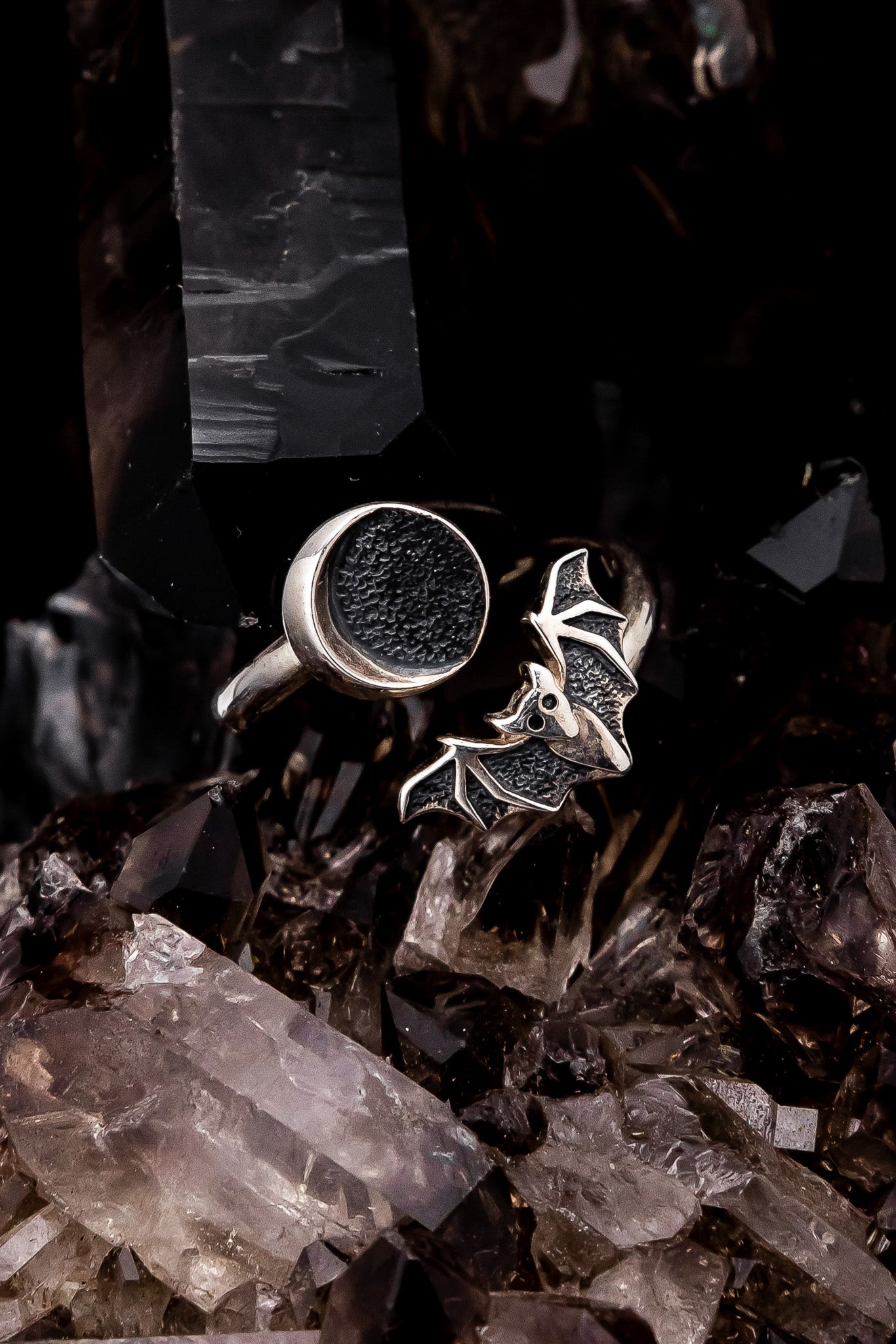 Bat and Moon Ring Adjustable Silver