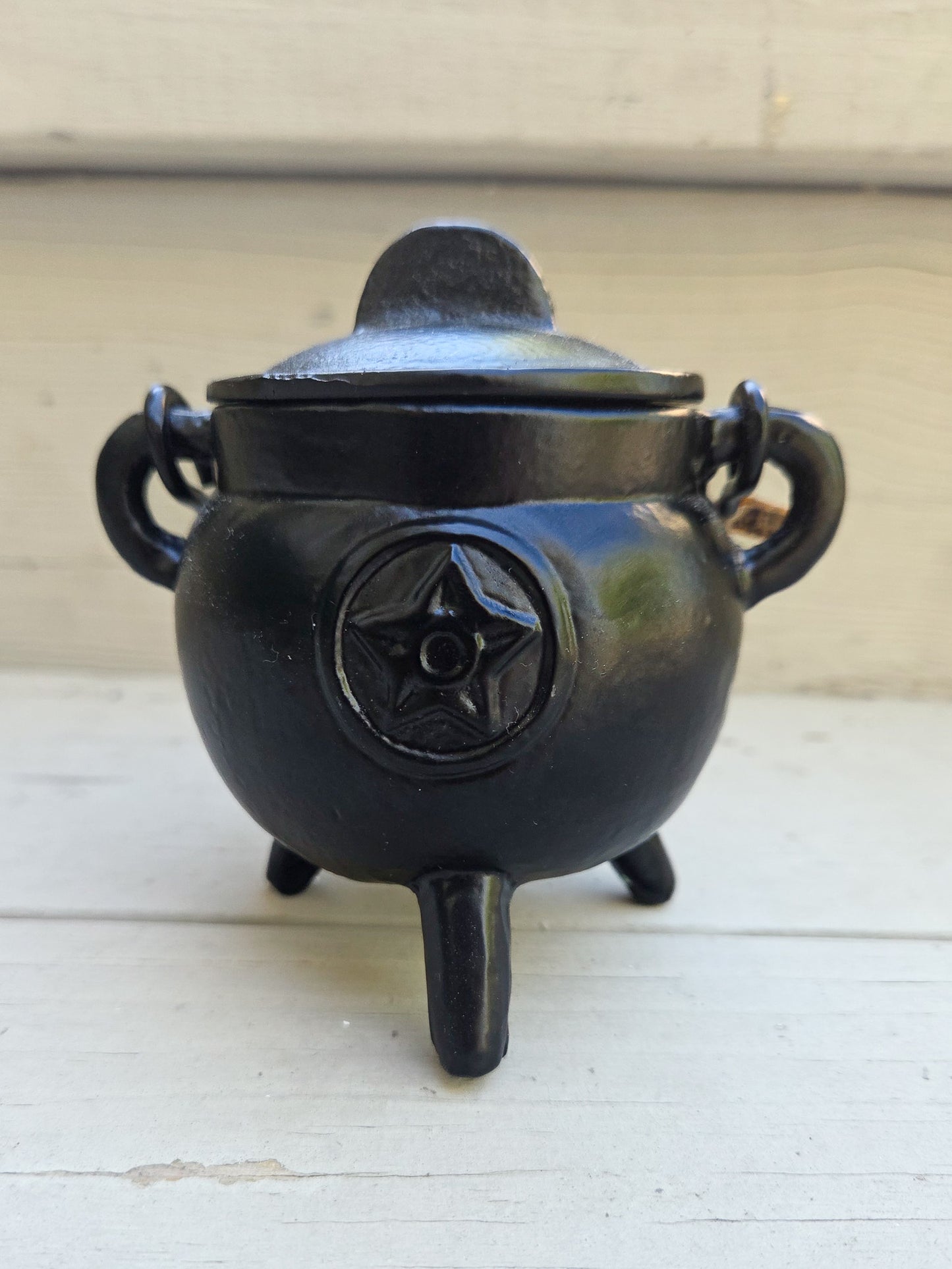 Pentagram Cast Iron Cauldron with Lid