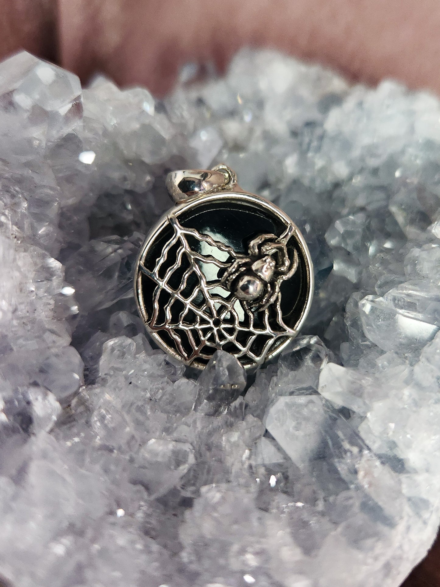 Small Sterling Silver Black Lava Spider Pendant