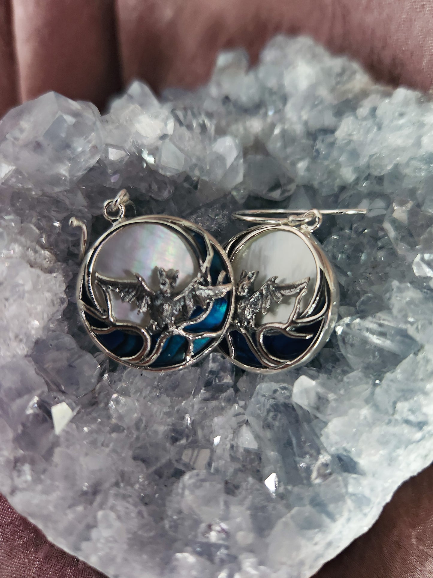 Sterling Silver Bat in Mother-Of-Pearl Moon Earrings