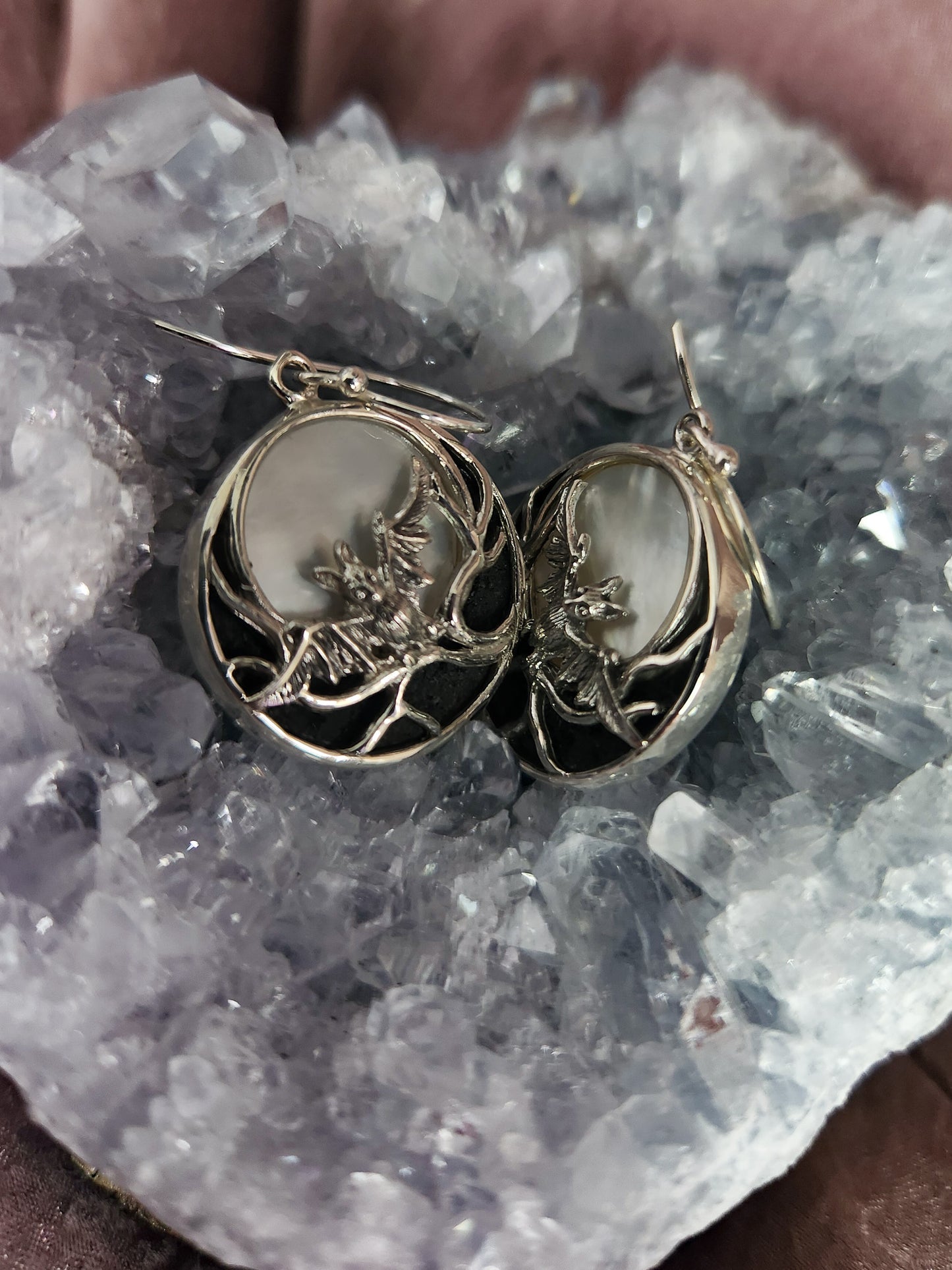 Sterling Silver Bat in Mother-Of-Pearl Moon Earrings