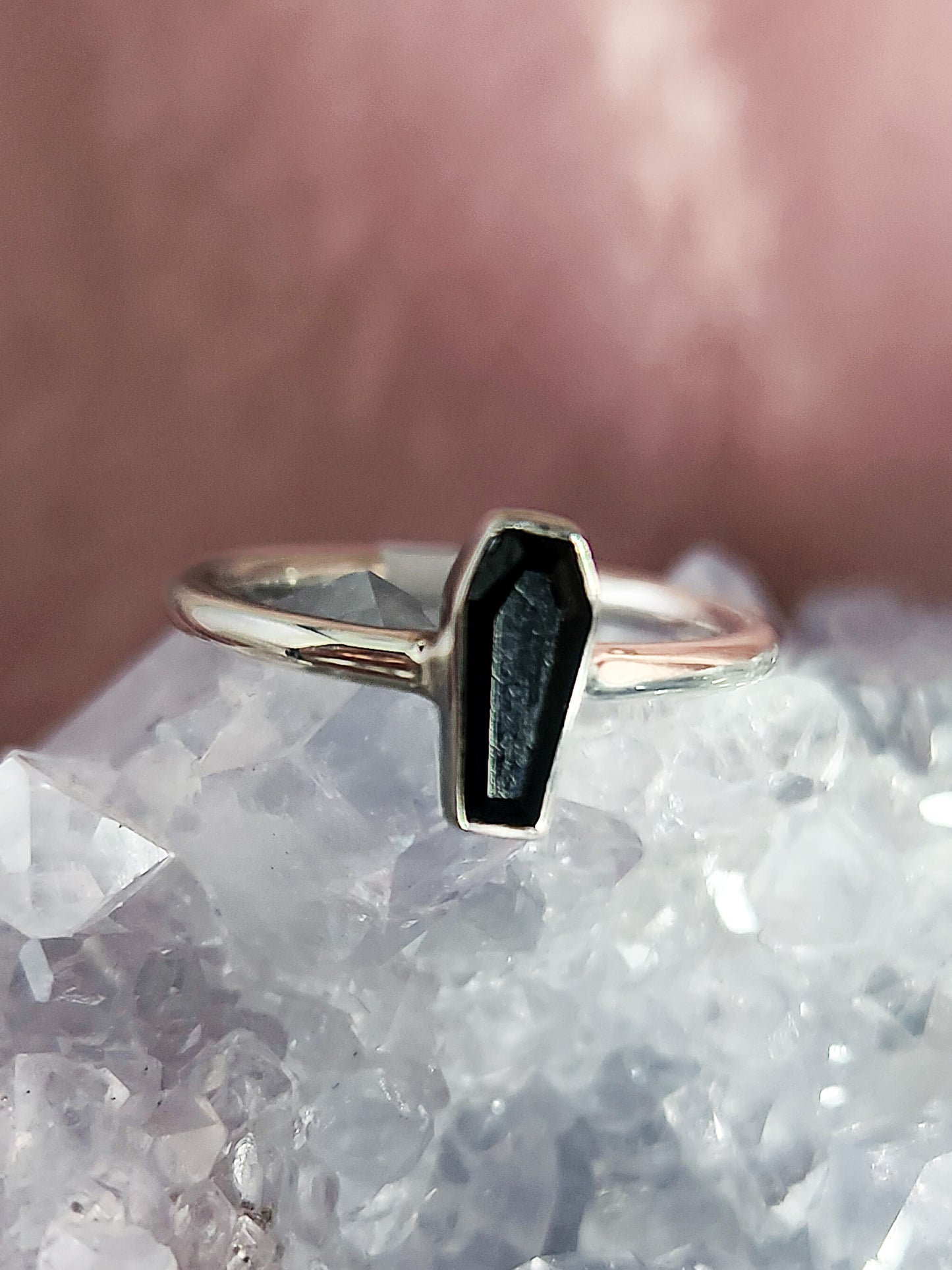 Sterling Silver Black Tourmaline Coffin Ring