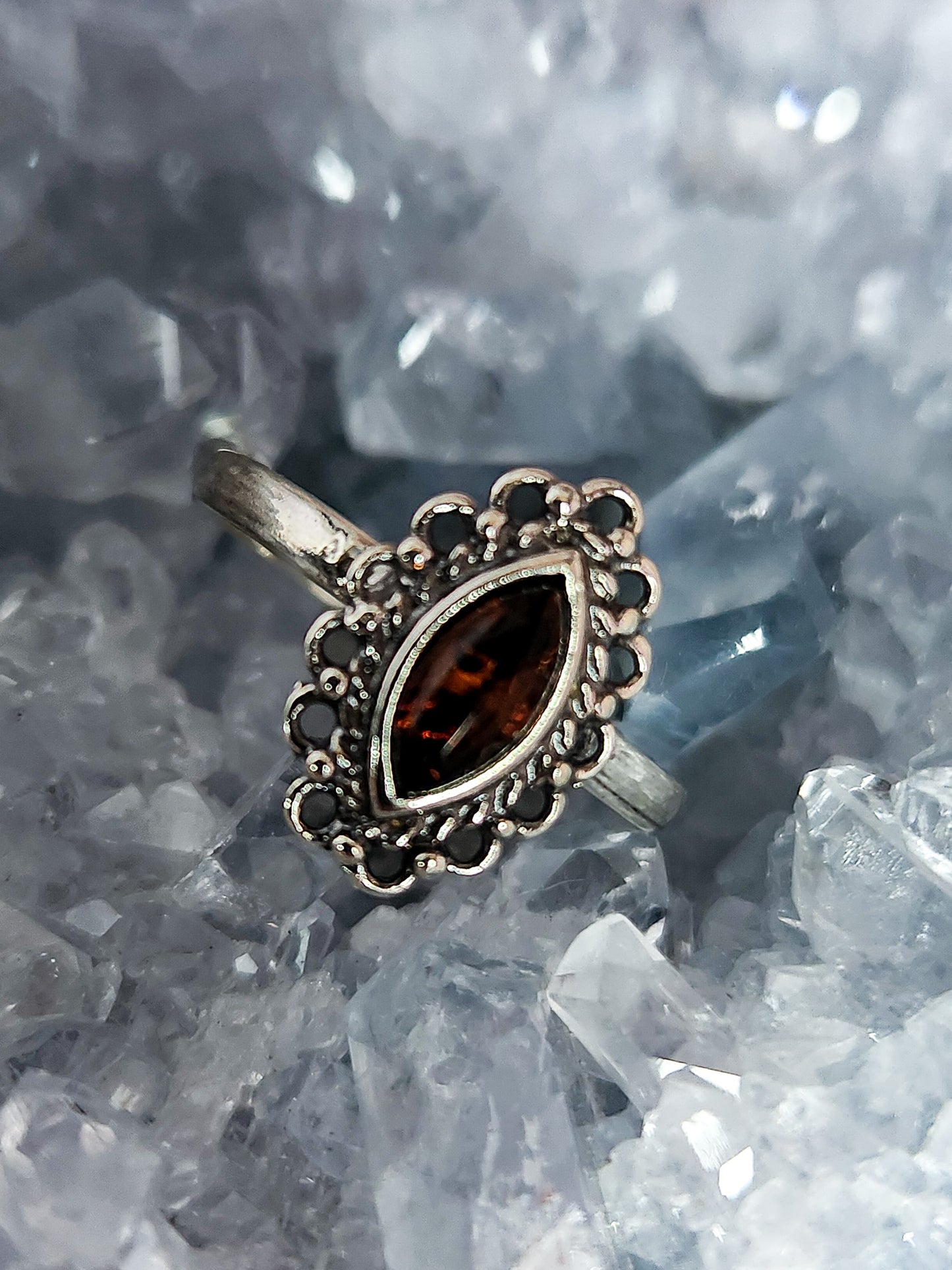 Sterling Silver Detailed Marquise Amber Ring