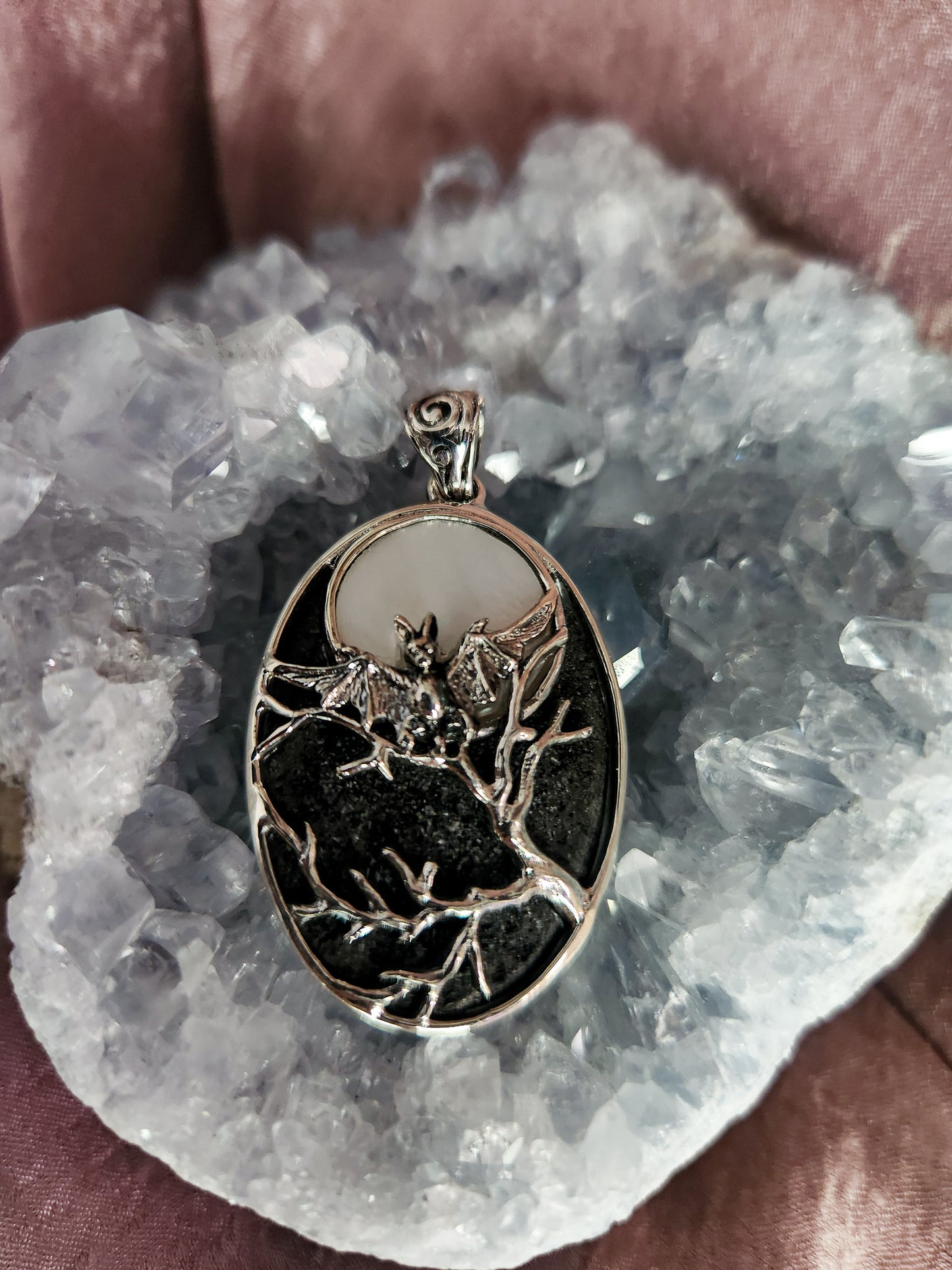 Sterling Silver Flying Bat in Mother-Of-Pearl Full Moon Pendant