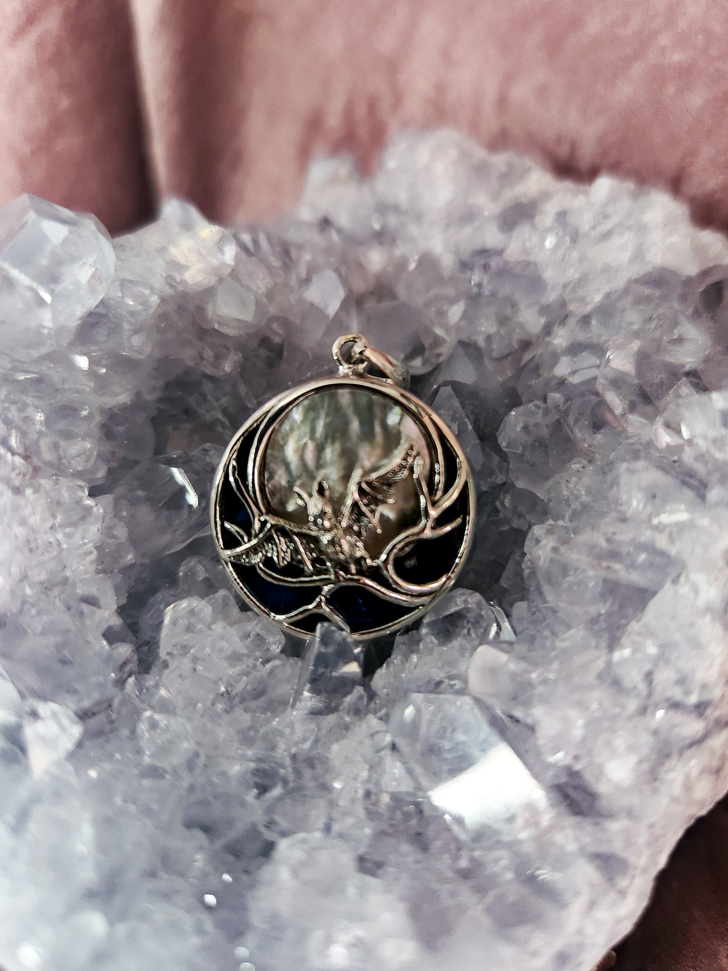 Sterling Silver Flying Bat in the Full Moon Pendant