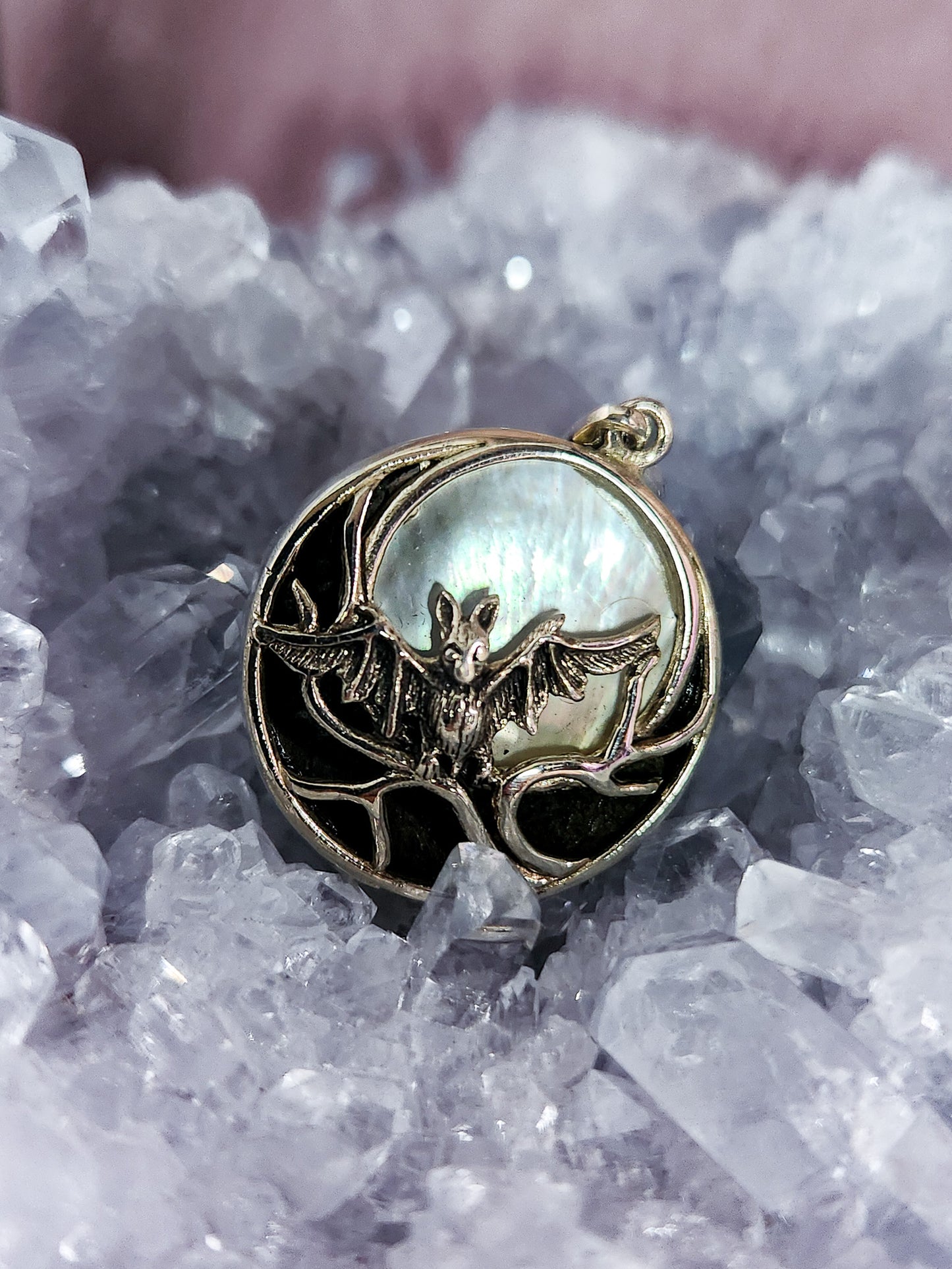Sterling Silver Flying Bat in the Full Moon Pendant