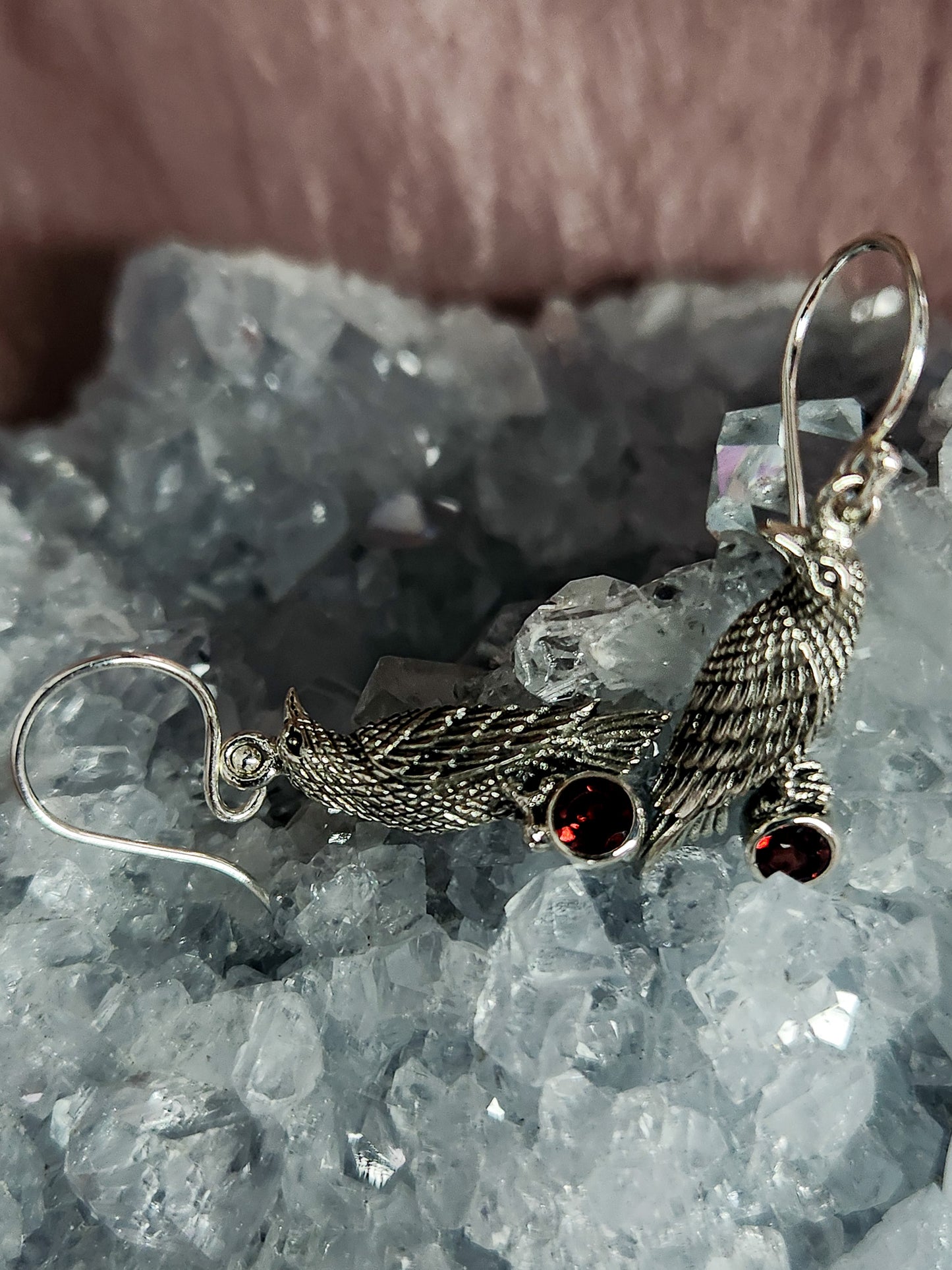 Sterling Silver Garnet Raven Earrings
