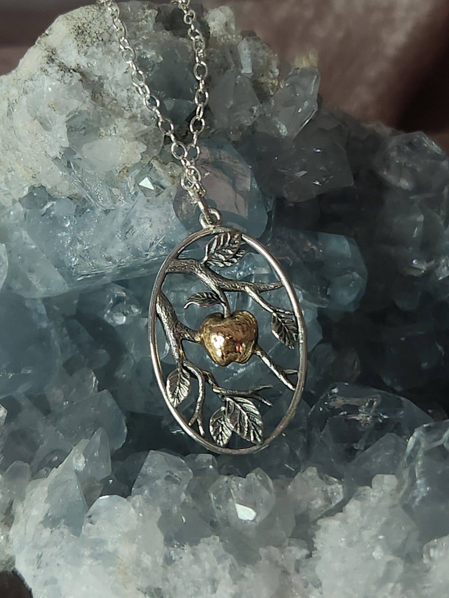 Sterling Silver Leaf Necklace with Bronze Apple