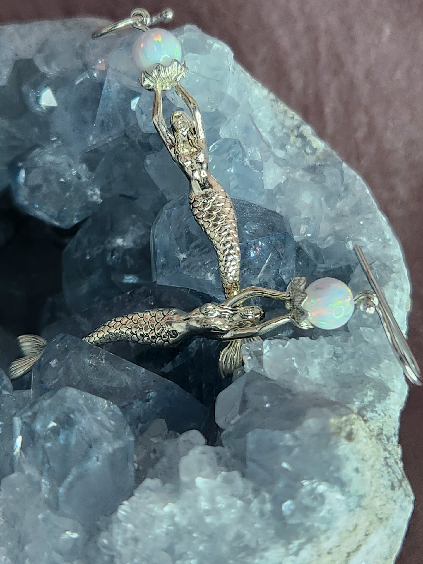 Sterling Silver Mermaid with Lab Created Opal Earrings