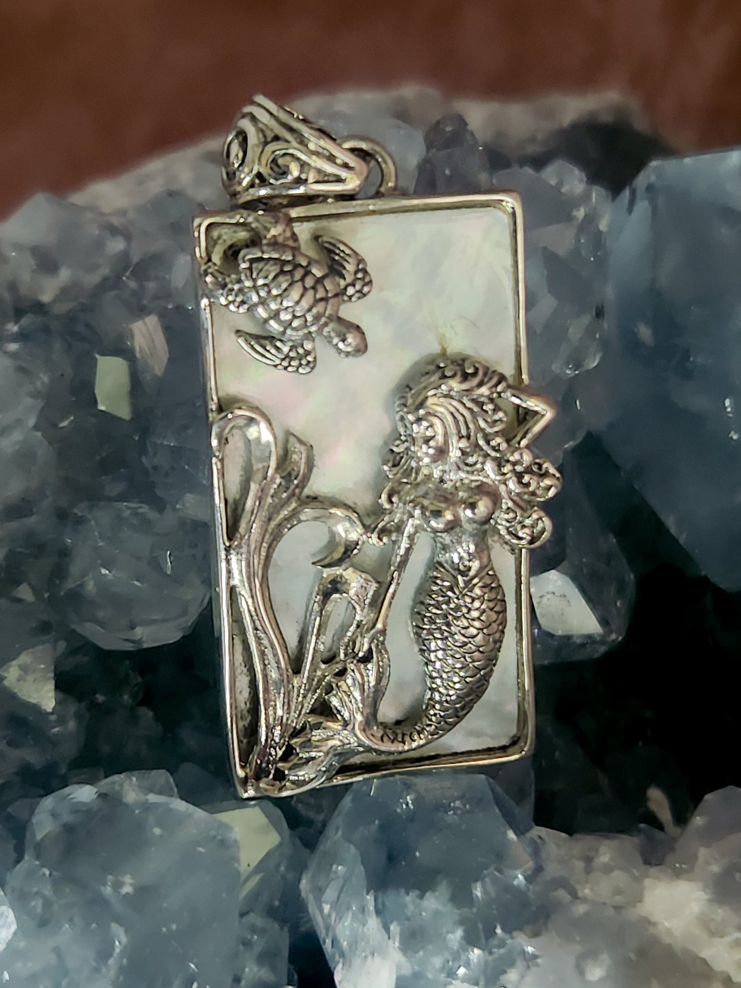 Sterling Silver Mother-of-Pearl Mermaid w/ Sea Turtle Pendant