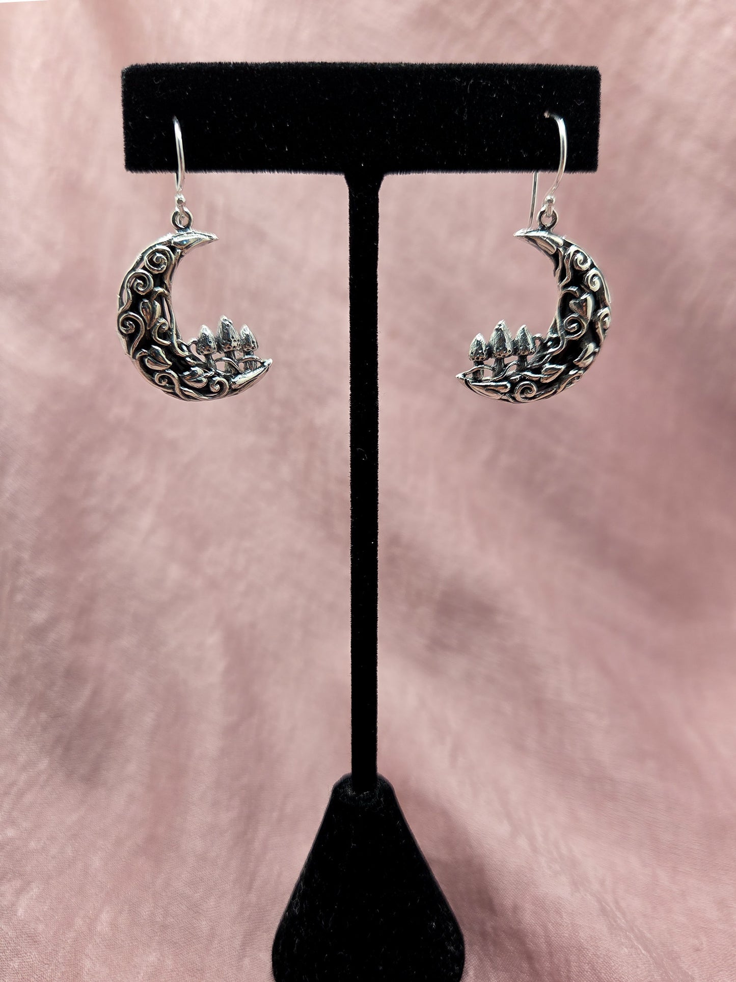 Sterling Silver Mushroom Moon Earrings on Black Horn