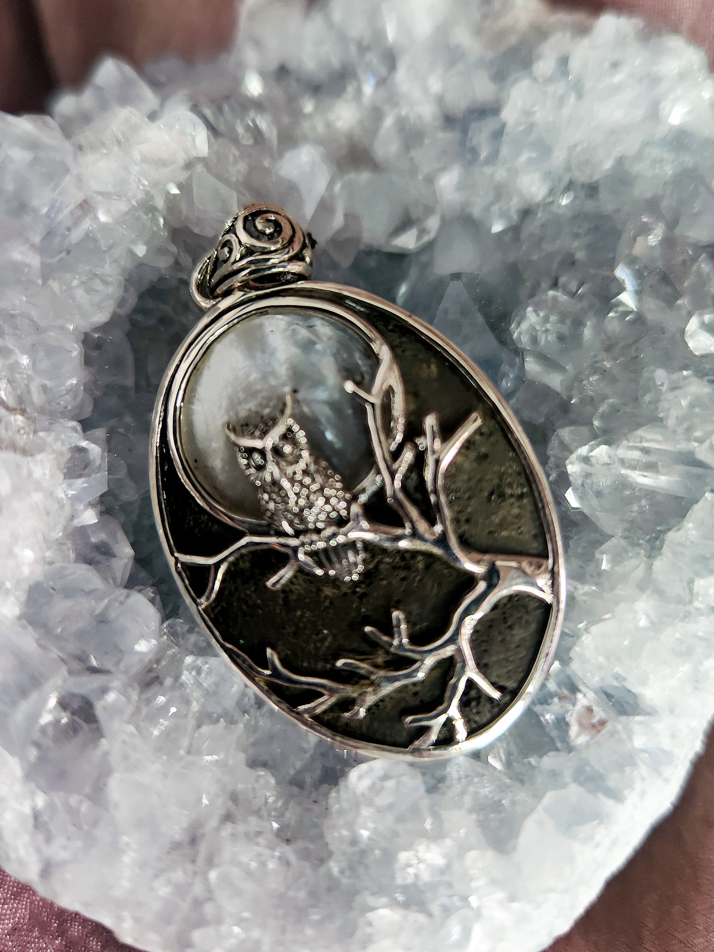 Sterling Silver Owl Sitting in the Full Moon Pendant