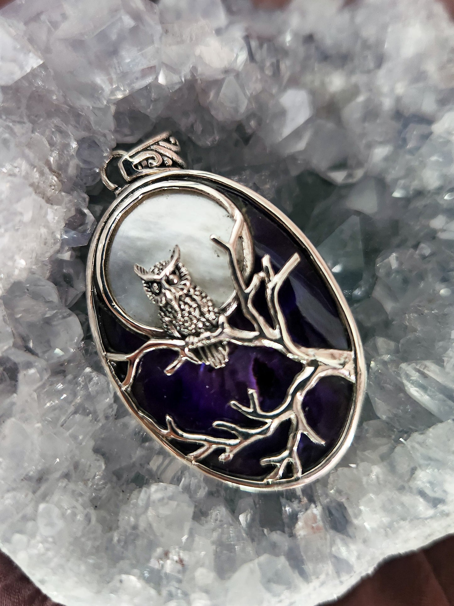 Sterling Silver Owl Sitting in the Full Moon Pendant