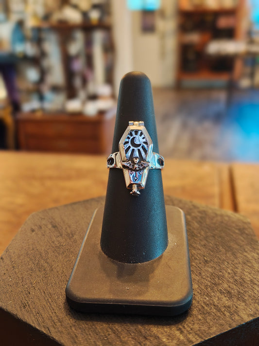 Sterling Silver Bat Coffin Poison Ring