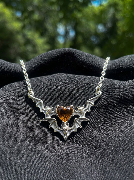 Amber Heart Three Bat Necklace