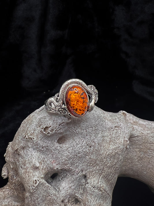 Amber Snake and Flowers Ring