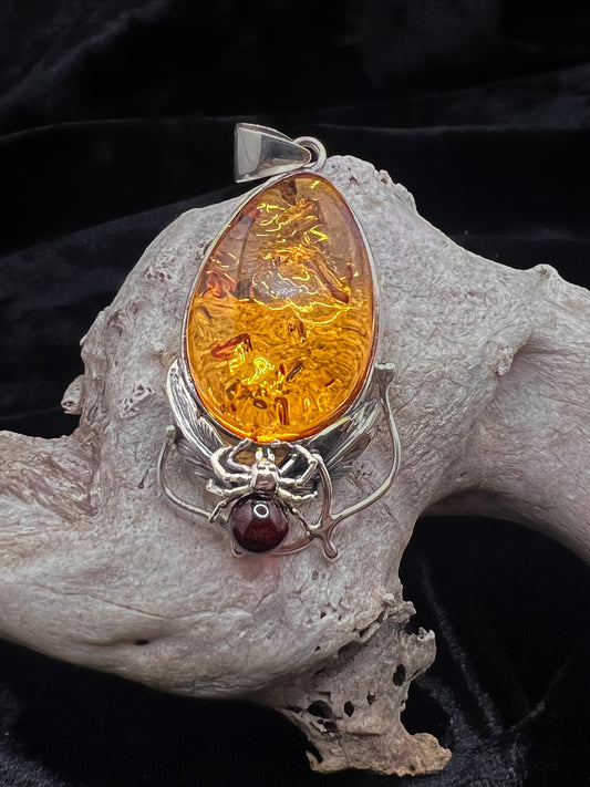 Amber Spider and Leaf Pendant