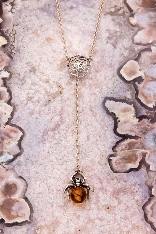 Spider Lariat with Web Amber Pendant
