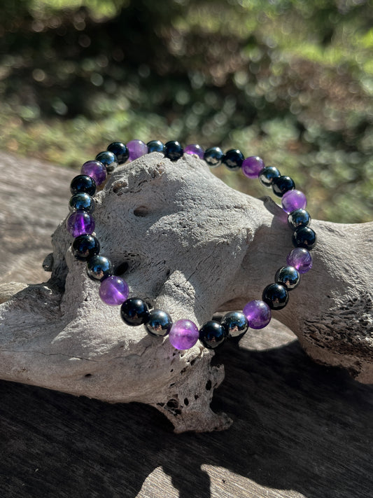 Amethyst, Hematite & Black Obsidian Bracelet 6mm