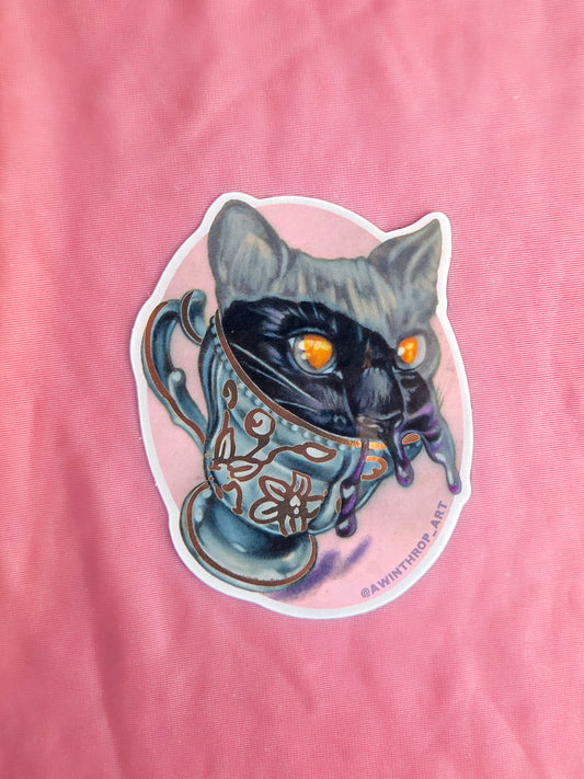Black Cat in Tea Cup Metallic Sticker