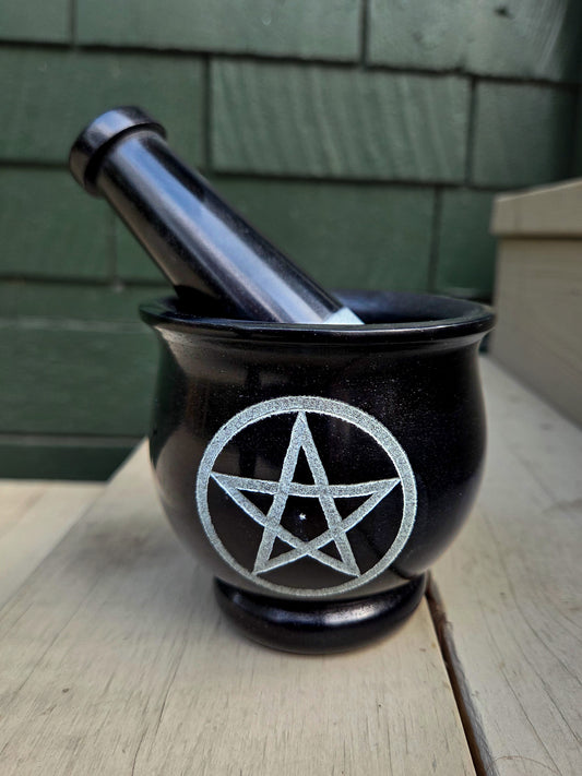 Black Soapstone Pentacle Mortar and Pestle