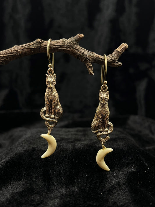 Cat Dangle Earrings with Bone Moons