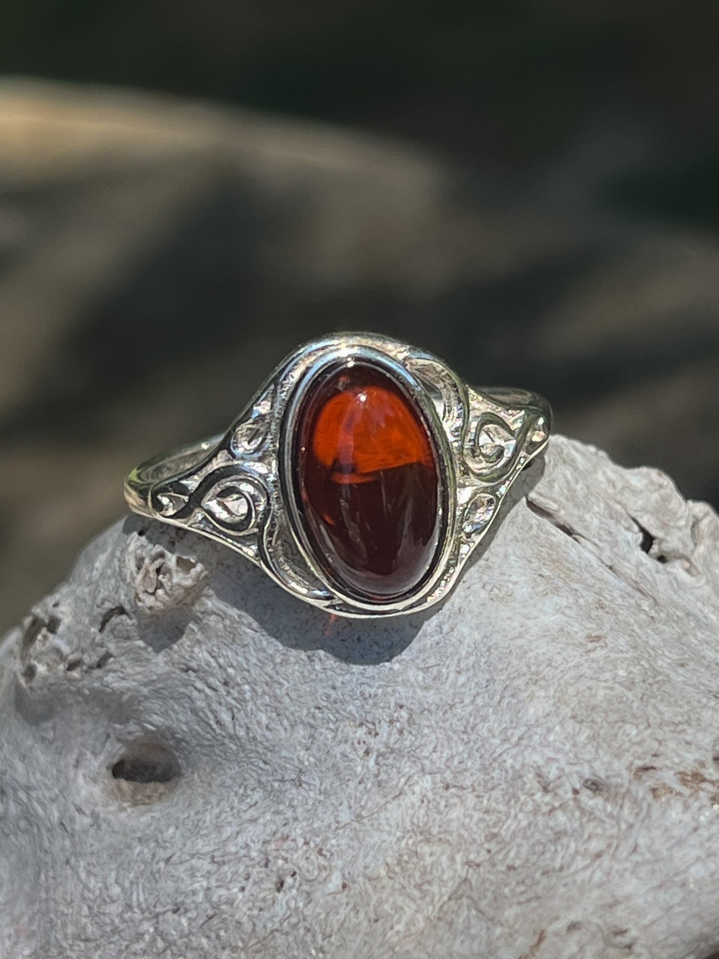 Cherry Amber Ornate Oval Ring