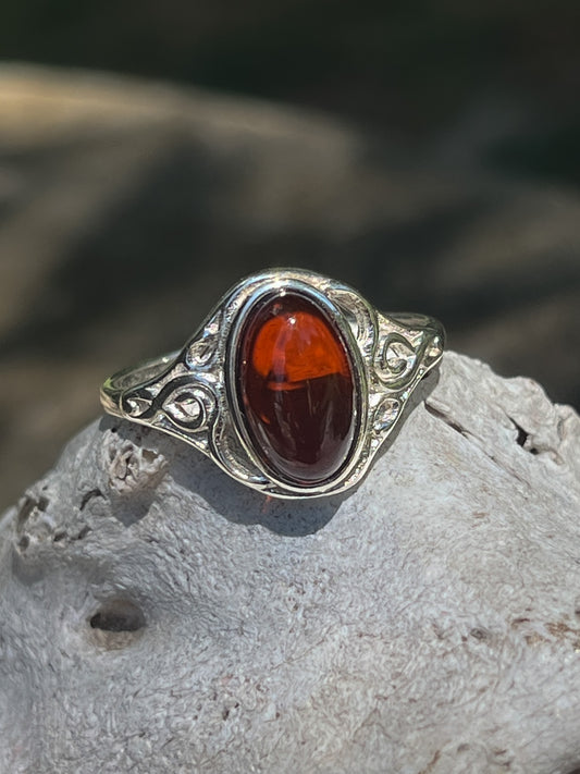 Cherry Amber Ornate Oval Ring