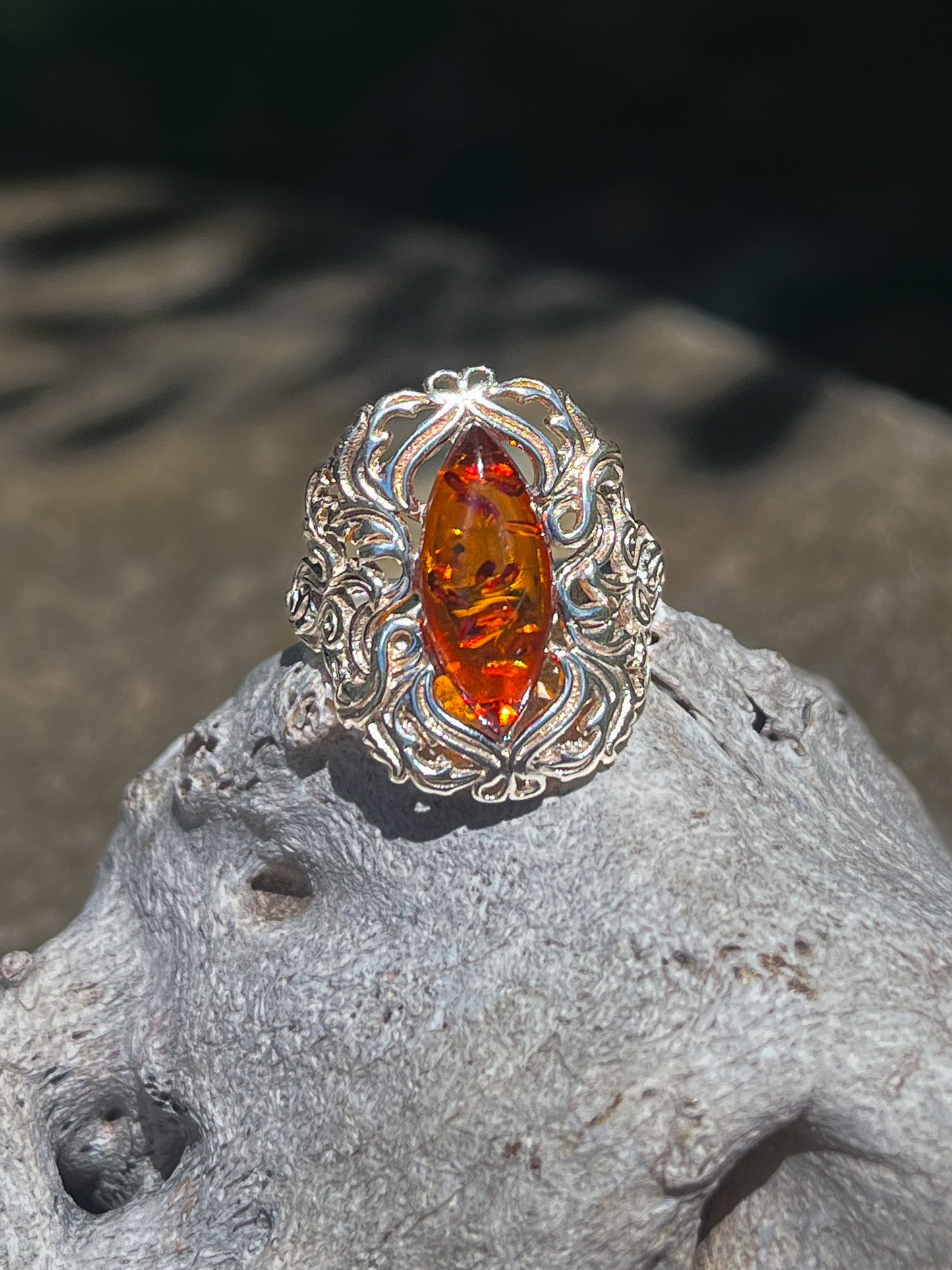 Cognac Amber Art Nouveau Ring