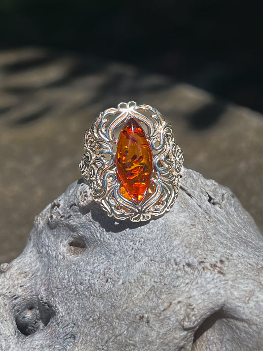 Cognac Amber Art Nouveau Ring