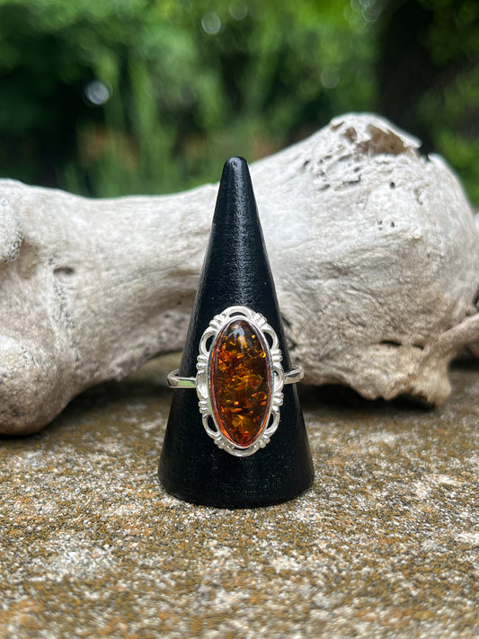 Cognac Amber Elongated Oval Ring