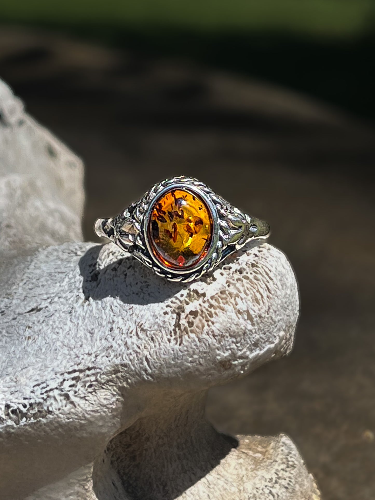 Cognac Amber Oval Rope Ring