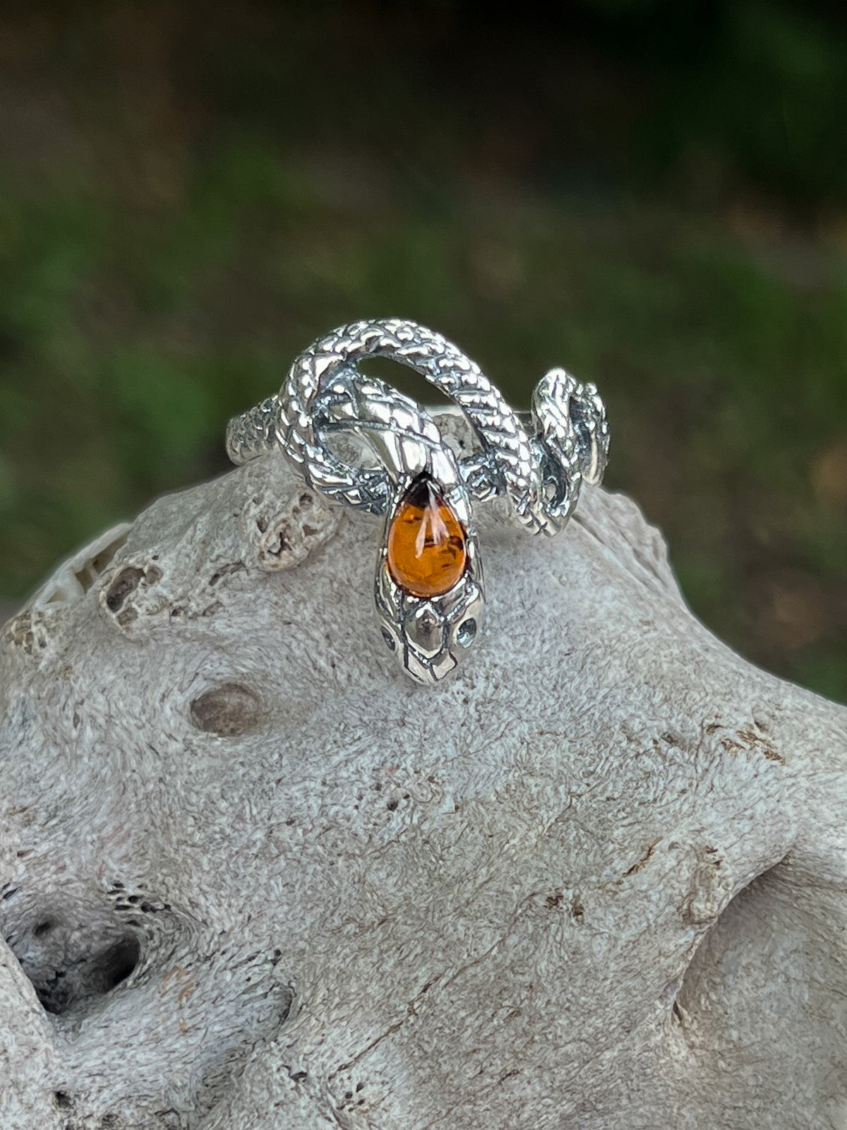 Cognac Amber Snake Ring (Oxidized Sterling Silver)