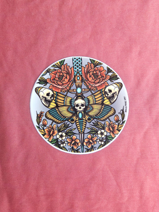 Death Moth Sticker Circle with Flowers