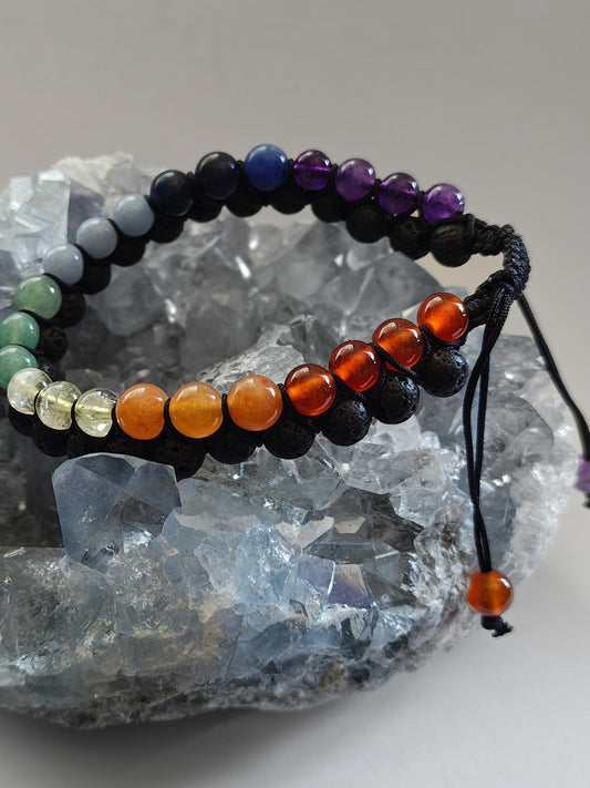Double Beaded Chakra and Lava Stone Adjustable Bracelet