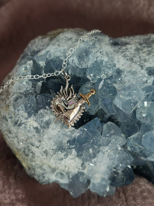 Flaming Heart and Sword Necklace