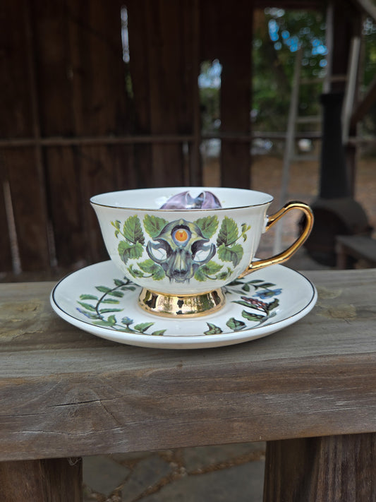Gilded Feline Teacup and Saucer Set