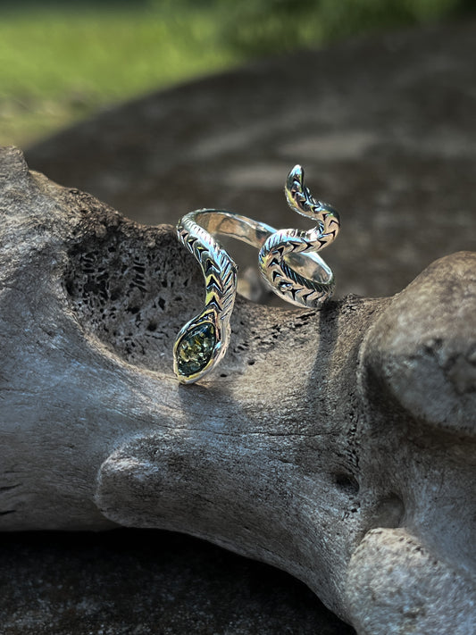 Green Amber Adjustable Snake Ring